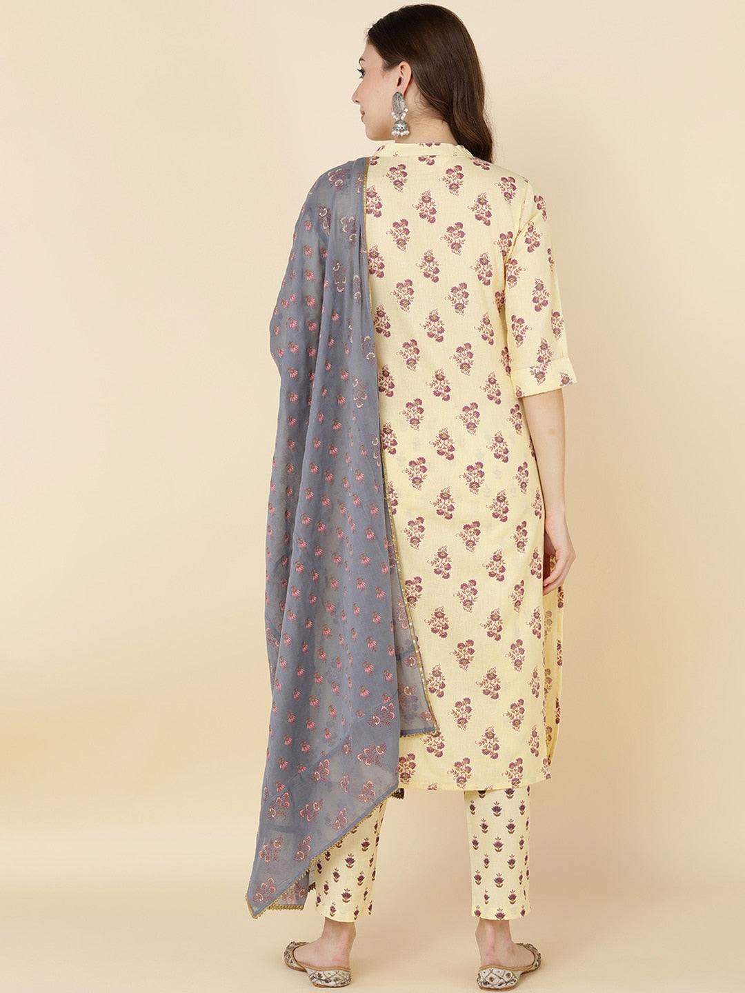 HERE&NOW Women Mustard Yellow Ethnic Motifs Printed Kurta with Trousers & With Dupatta | Grocsy