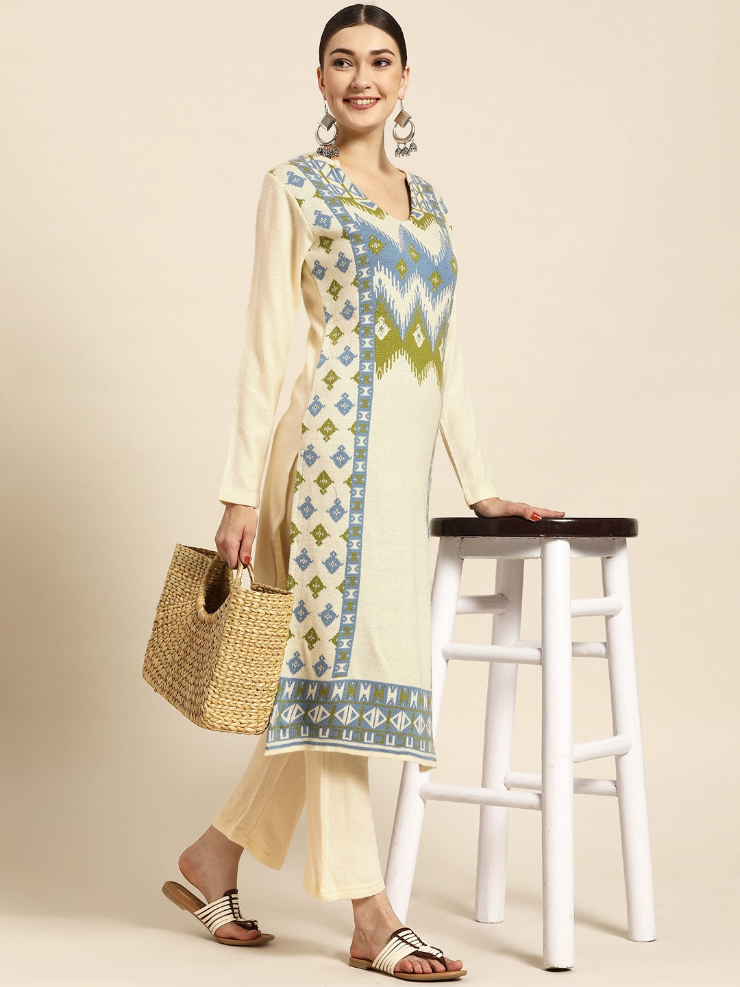 Sangria Women Off White Ethnic Motifs Self Design Winter Kurta with Trousers | Grocsy