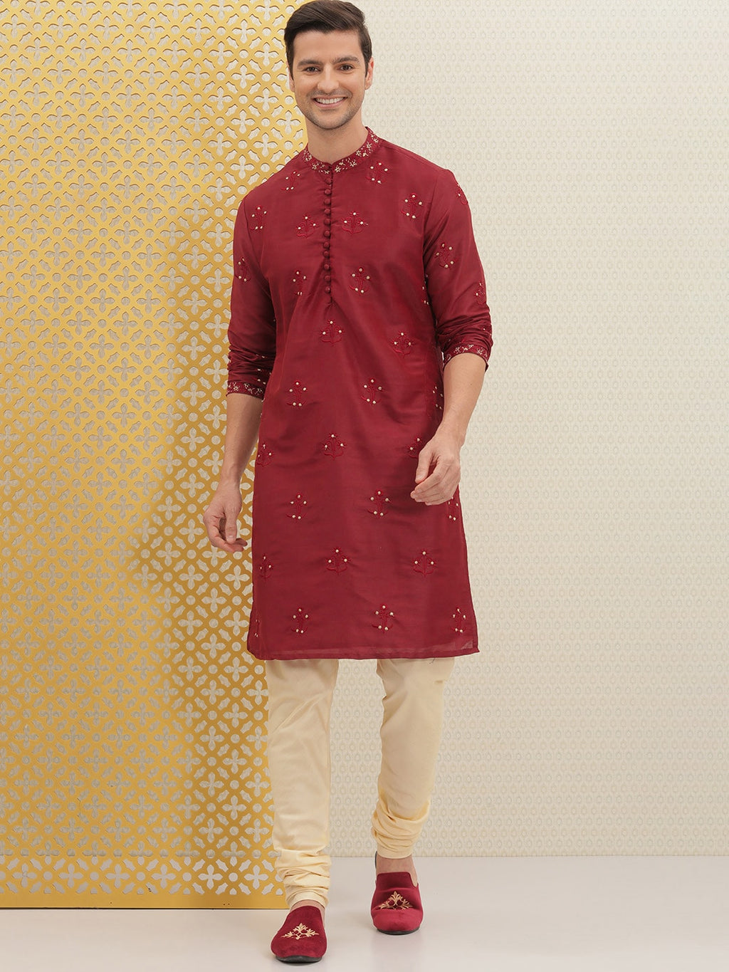 House of Pataudi Men Red Embroidered Jashn Straight Kurta | Grocsy