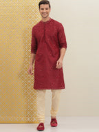 House of Pataudi Men Red Embroidered Jashn Straight Kurta | Grocsy