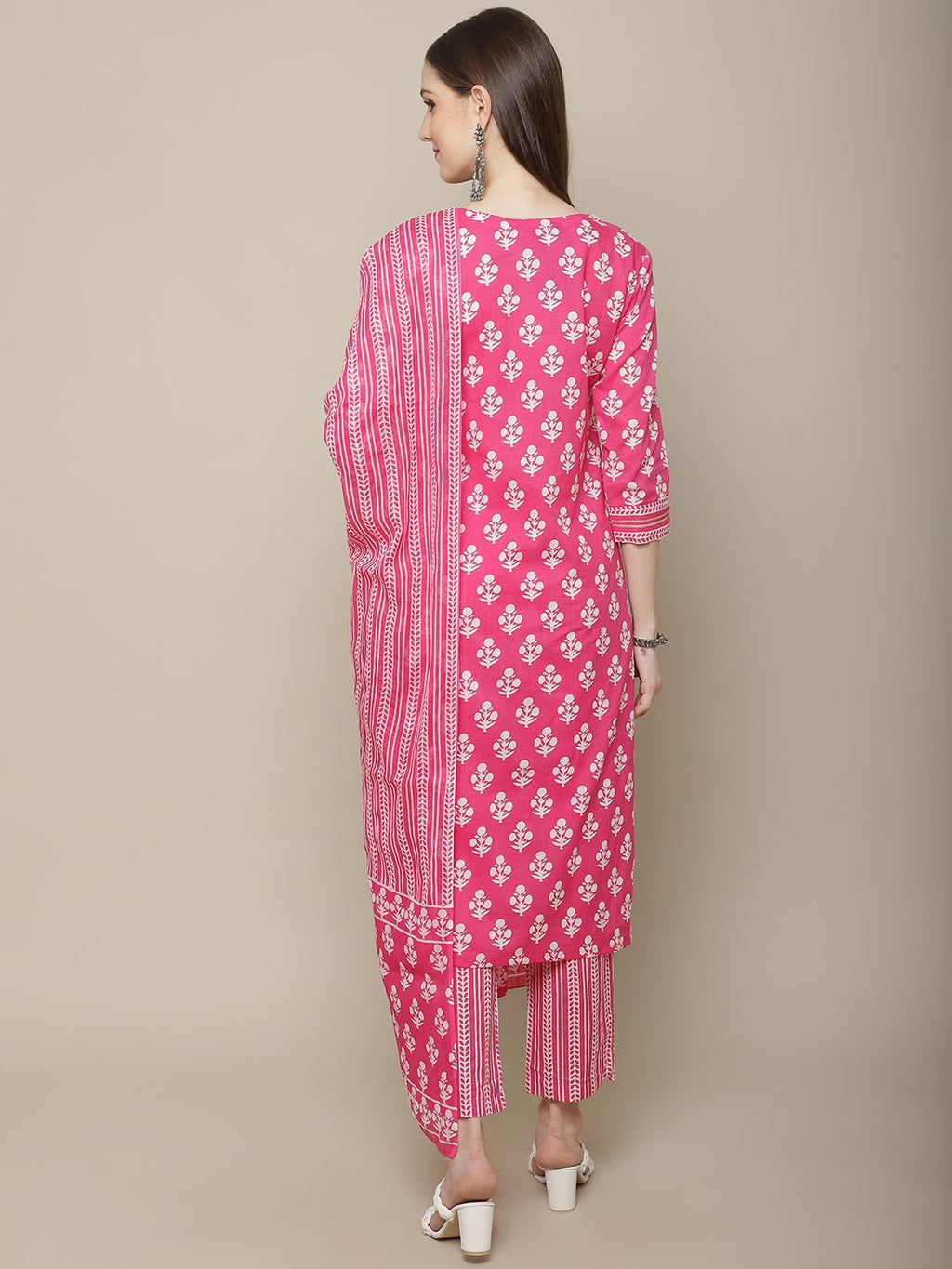 Sangria Women Floral Printed Mirror Work Pure Cotton Kurti with Trousers & Dupatta | Grocsy
