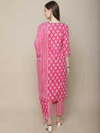 Sangria Women Floral Printed Mirror Work Pure Cotton Kurti with Trousers & Dupatta | Grocsy