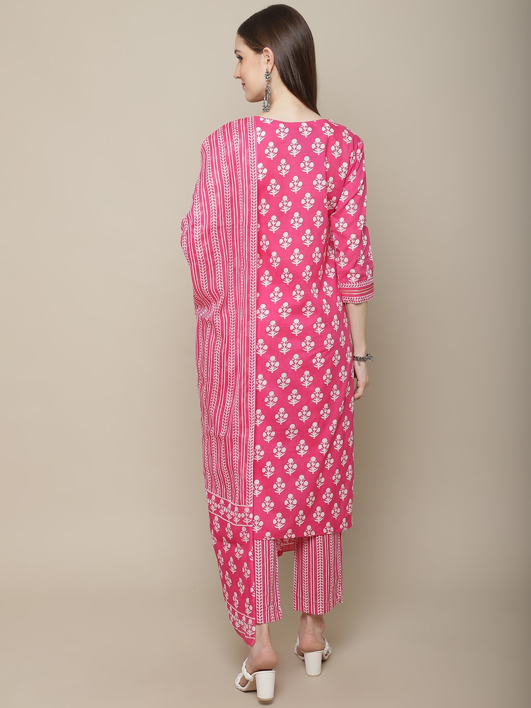 Sangria Women Floral Printed Mirror Work Pure Cotton Kurti with Trousers & Dupatta | Grocsy