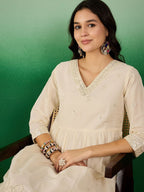 Sangria Off White Floral Embroidered Mirror Work Pure Cotton Anarkali Kurta Set | Grocsy