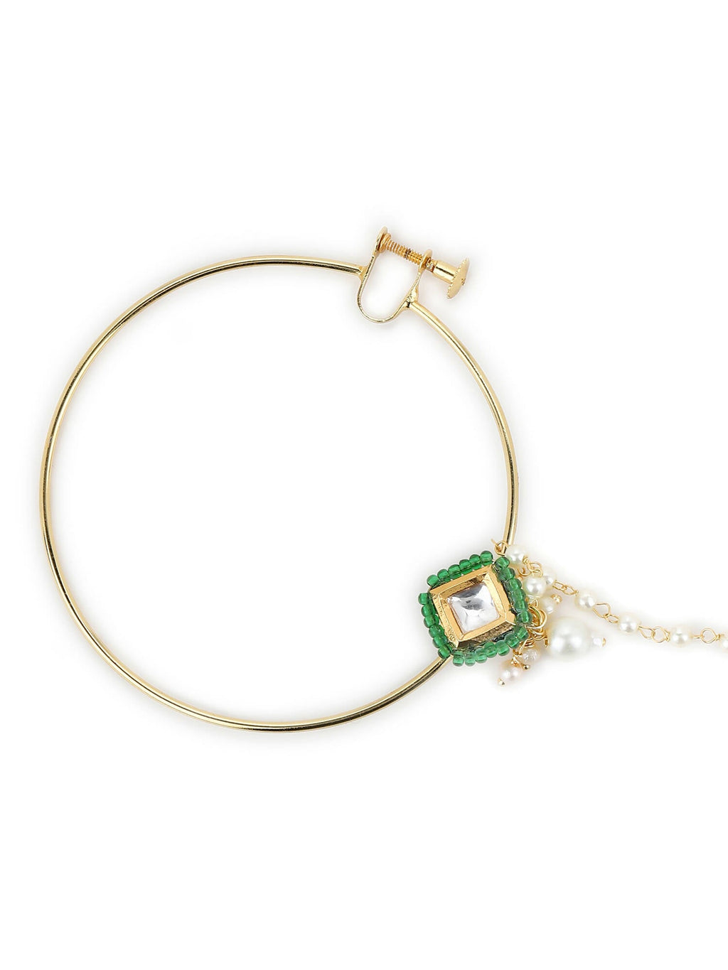 Gold-Polished Green White Kundan Studded Beaded Chained Nosepin - Ruby Raang | Grocsy