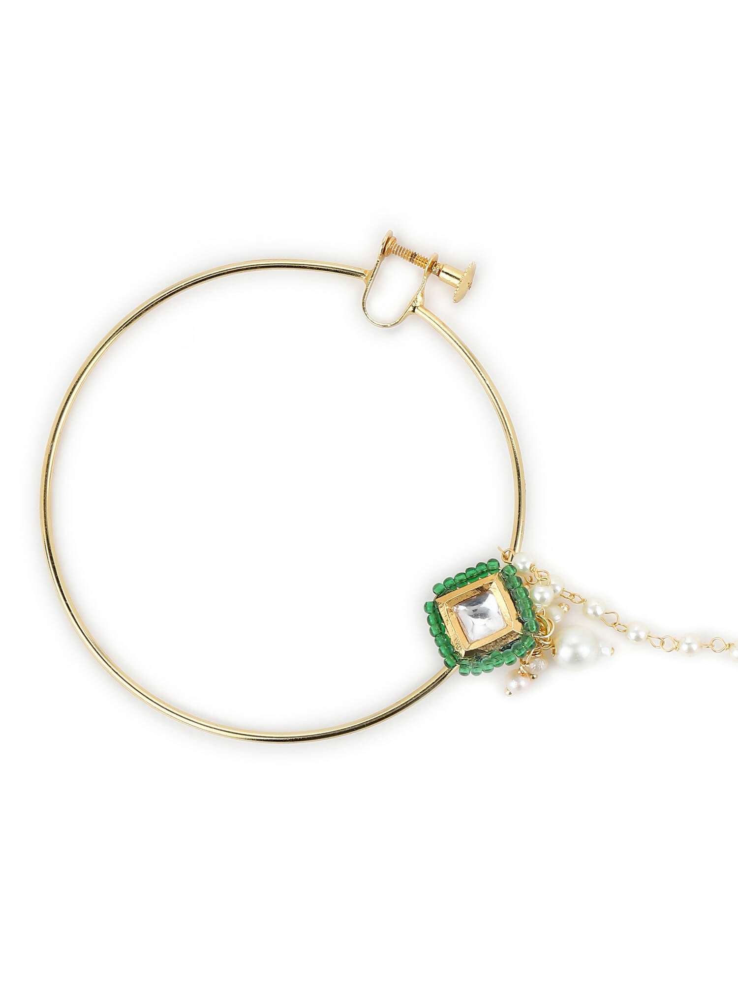 Gold-Polished Green White Kundan Studded Beaded Chained Nosepin - Ruby Raang | Grocsy