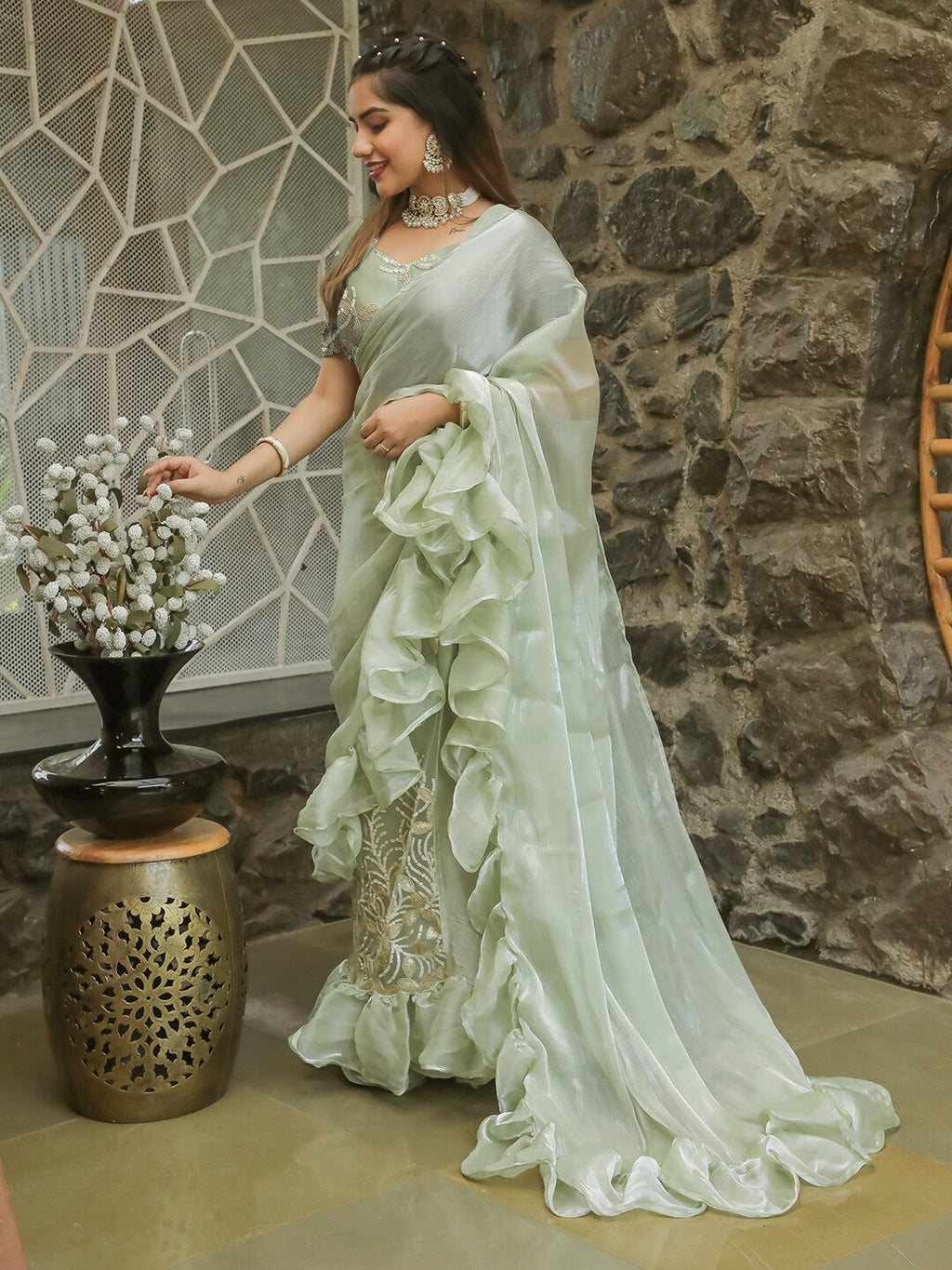 Tikhi Imli Embellished Sequinned Ruffled Ready to Wear Satin Saree | Grocsy