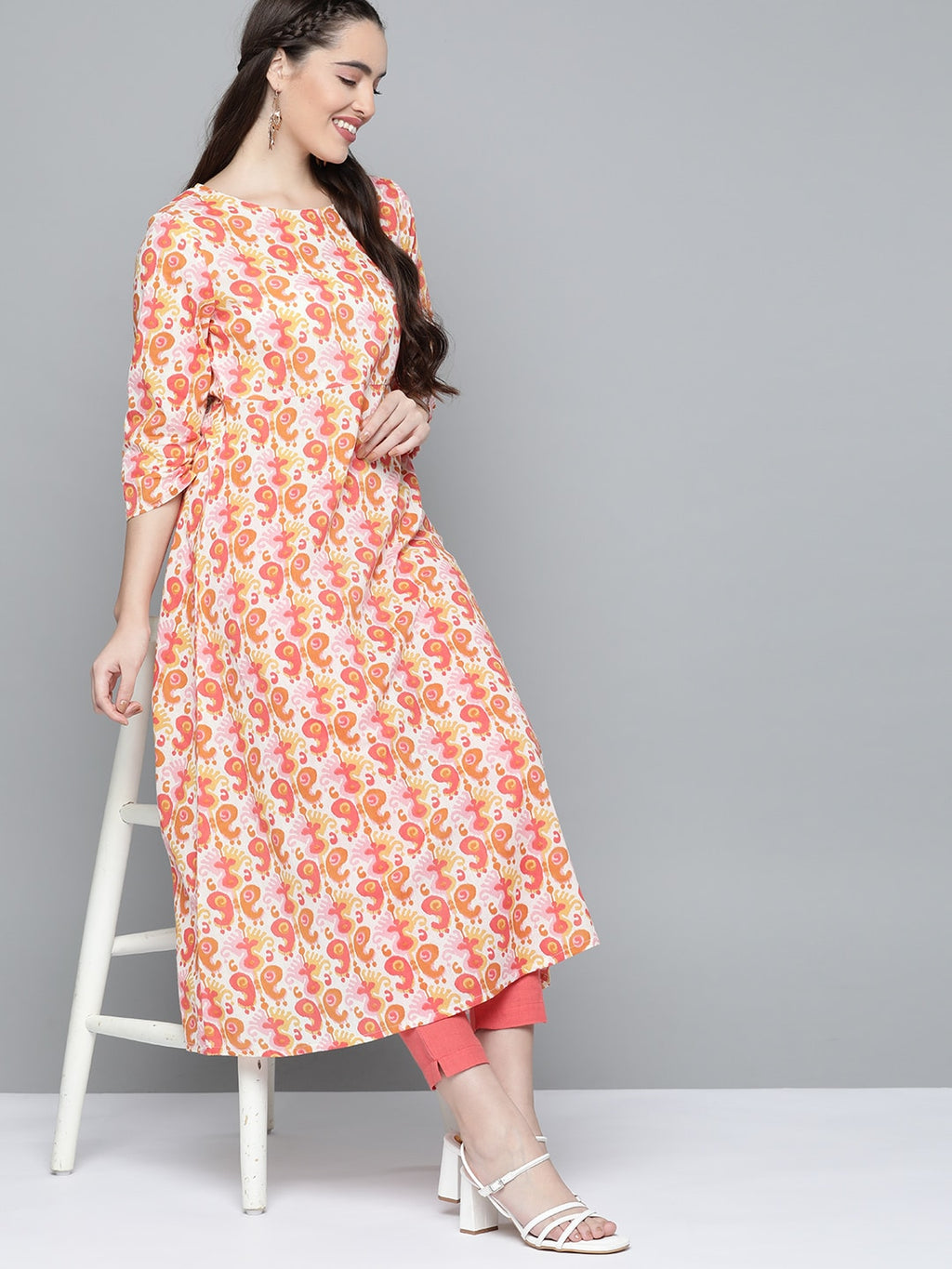 HERE&NOW Women Orange & White Ethnic Motifs Printed Kurta | Grocsy