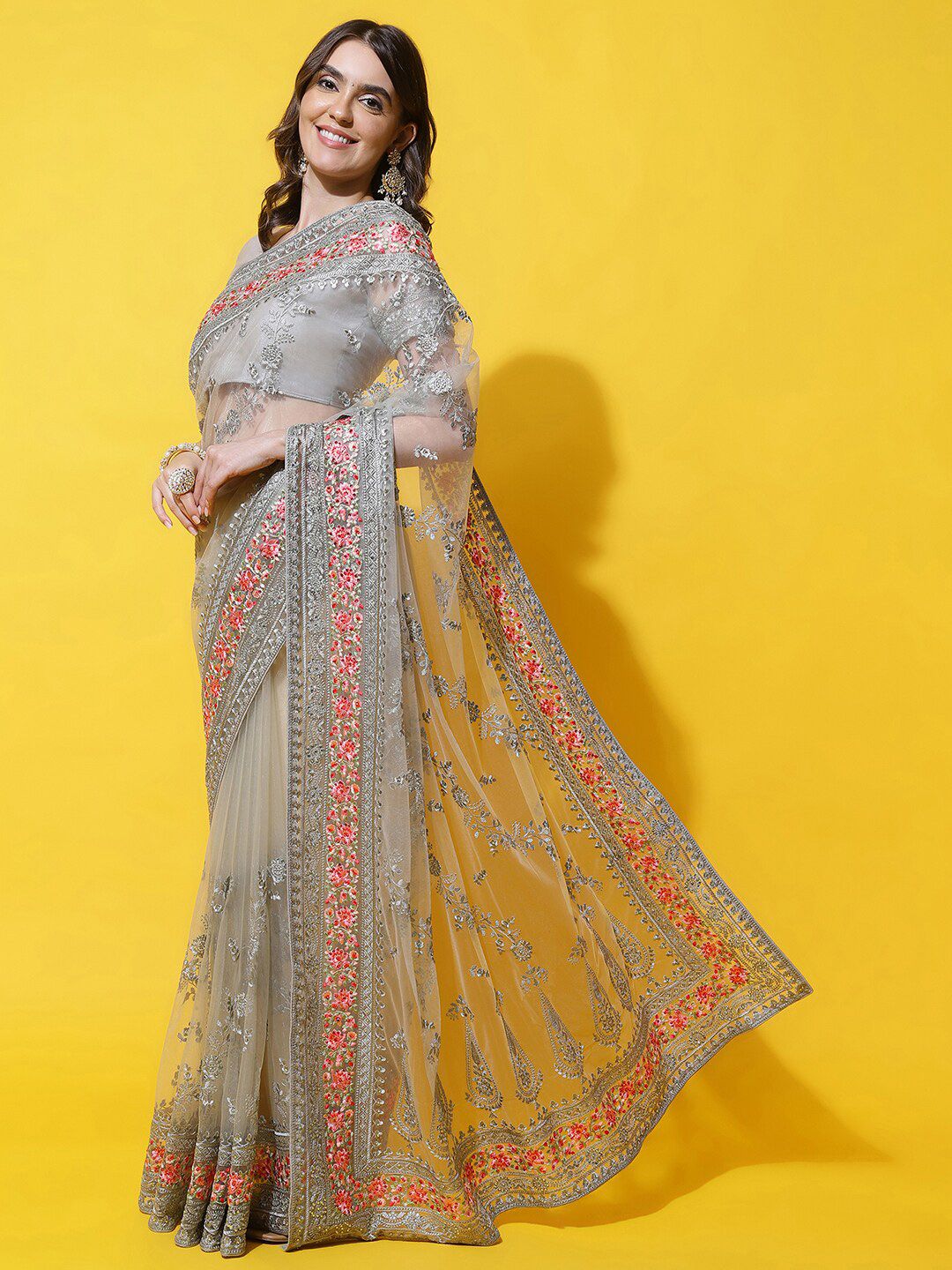 kasee Floral Embroidered Net Saree | Grocsy