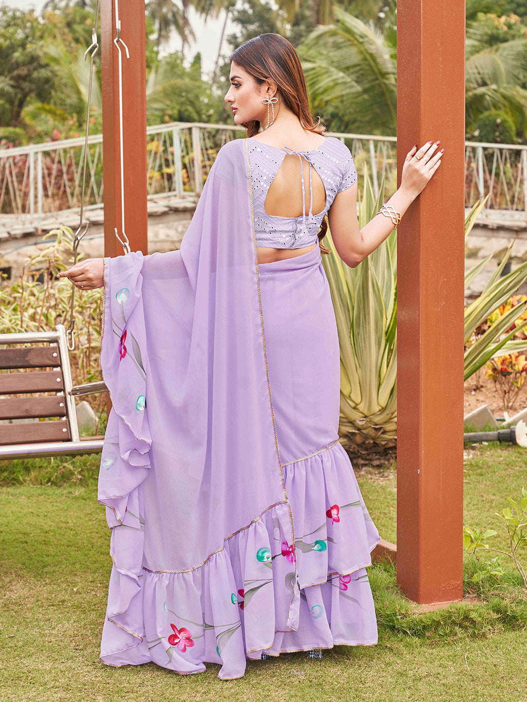 Tikhi Imli Printed Ruffle Saree With Mirror Embroidered Work Blouse | Grocsy