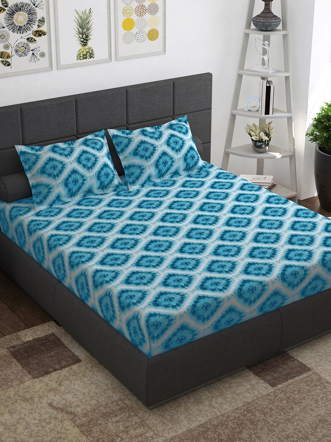 Story@home Blue & Pink Ethnic Motifs Pure Cotton 152TC Queen Bedsheet With 2 Pillow Covers | Grocsy