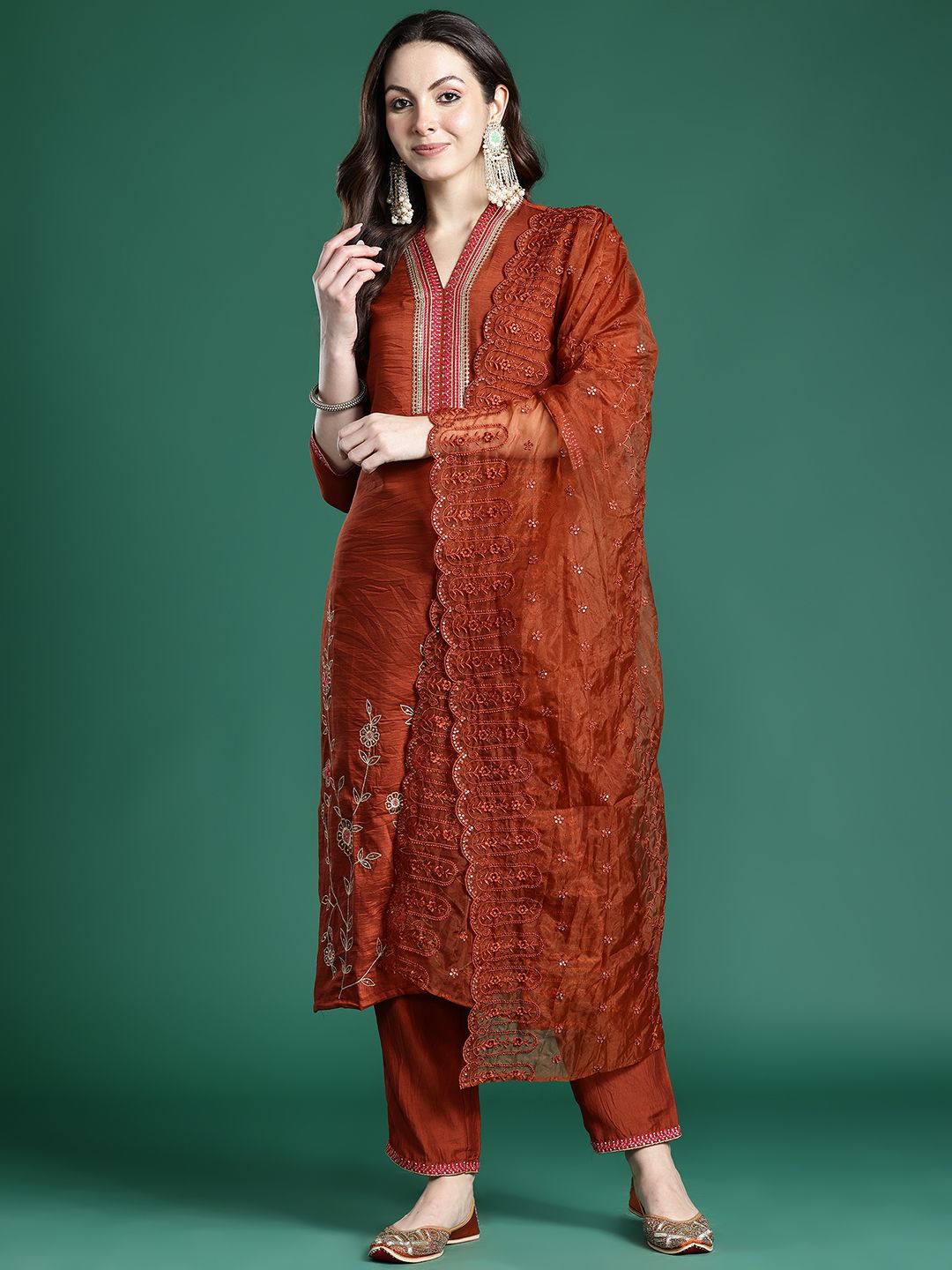 Indo Era Women Ethnic Motifs Embroidered Regular Sequinned Kurta with Trousers & With Dupatta | Grocsy
