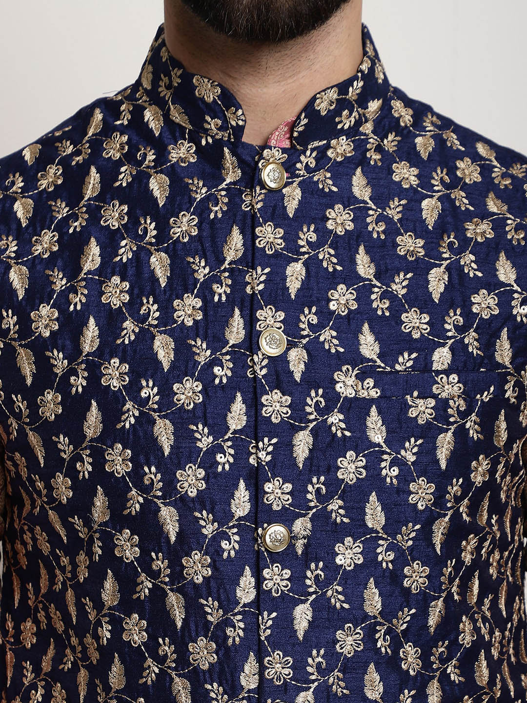 Sojanya Woven Design Mandarin Collar Kurta with Churidar & Nehru Jacket | Grocsy