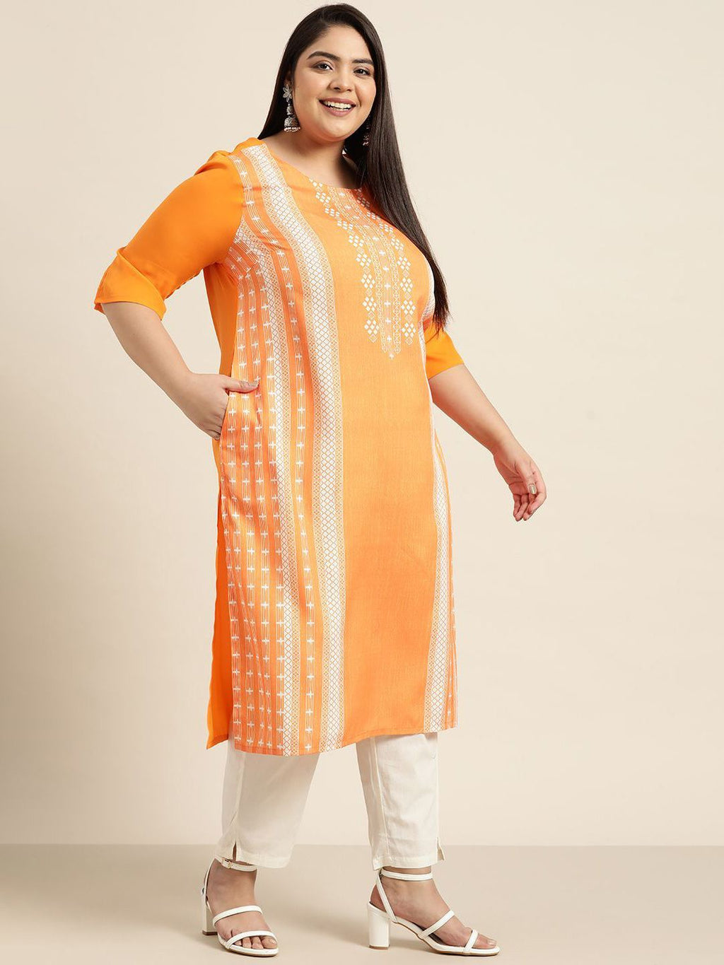 Sztori Plus Size Geometric Printed Round Neck Straight Kurta | Grocsy