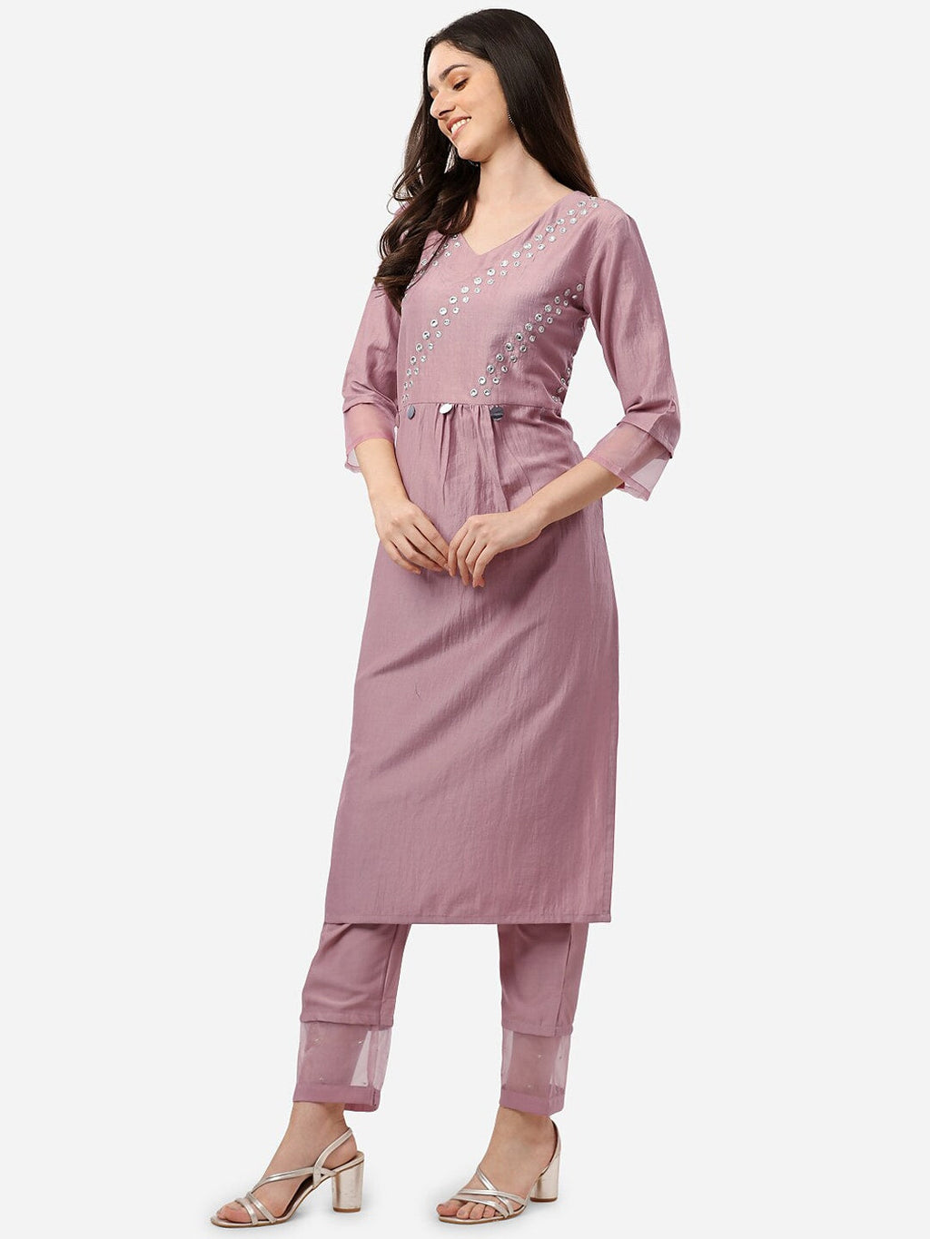 HERE&NOW Women Mauve Embroidered Pleated Mirror Work Kurta with Trousers | Grocsy