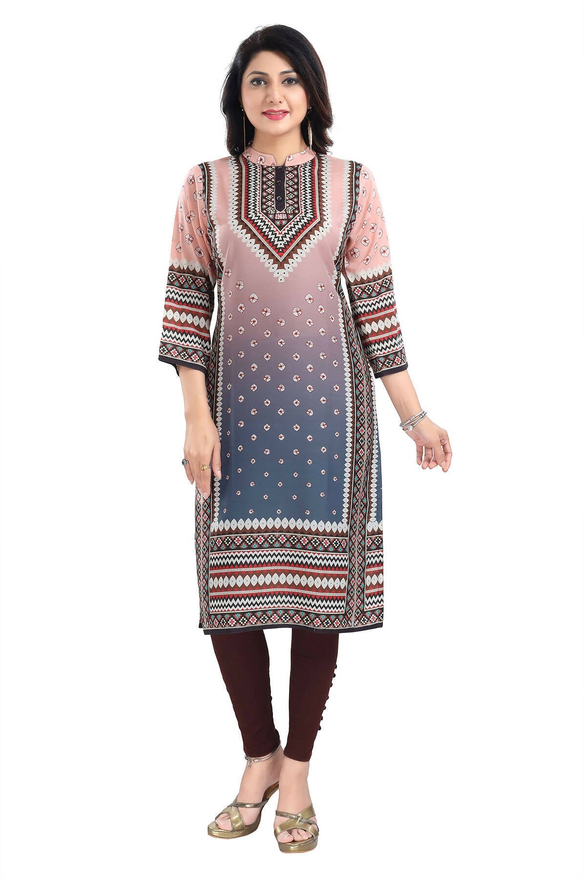 Snehal Creations Pinky Peach Designer Digital Print Masleen Fabric Long Kurti Tunic | Grocsy