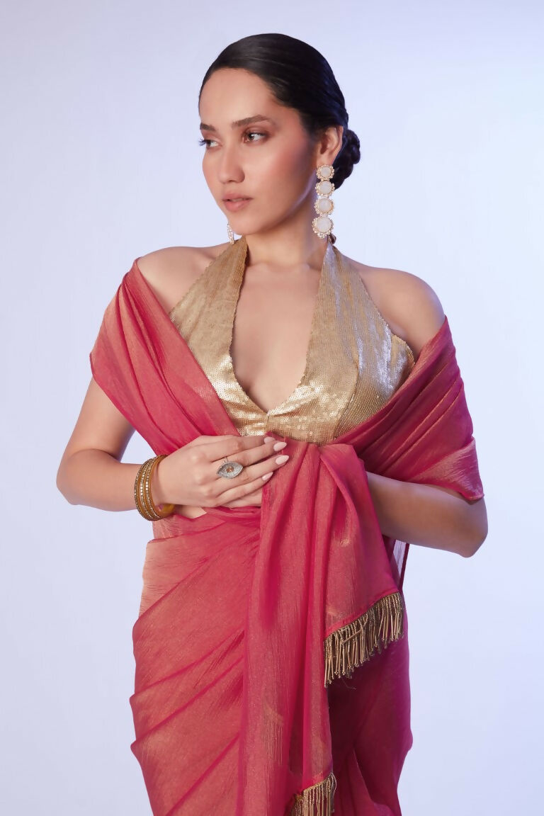 Rust Satin Gold Organza Solid Designer & Lace Work Saree - Samaa | Grocsy