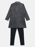 Ahalyaa Navy Blue Poly Rayon Silver Foil Print Kids Kurta Churidar Set For Boys | Grocsy
