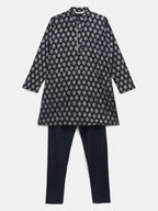 Ahalyaa Navy Blue Poly Rayon Silver Foil Print Kids Kurta Churidar Set For Boys | Grocsy