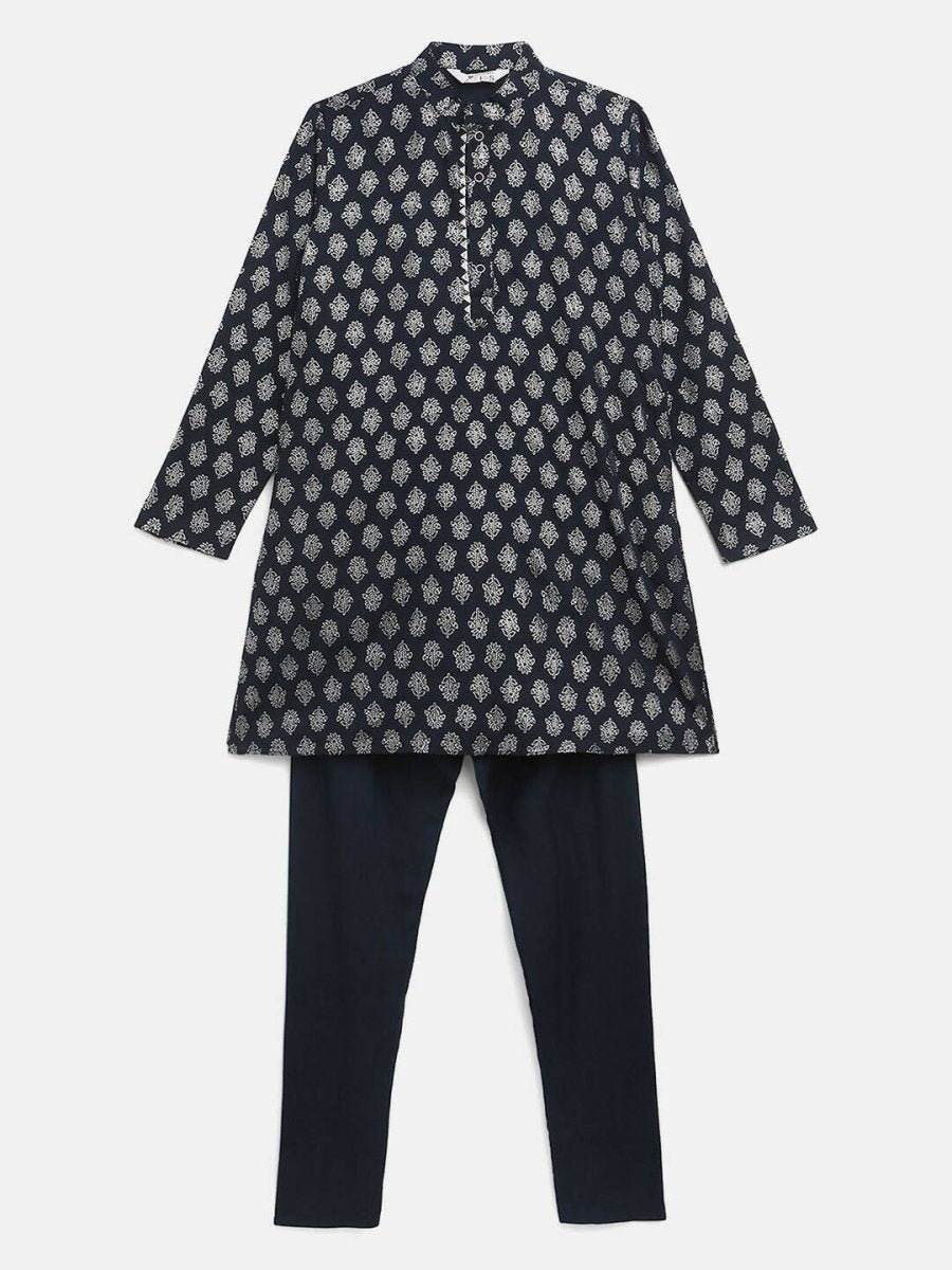 Ahalyaa Navy Blue Poly Rayon Silver Foil Print Kids Kurta Churidar Set For Boys | Grocsy