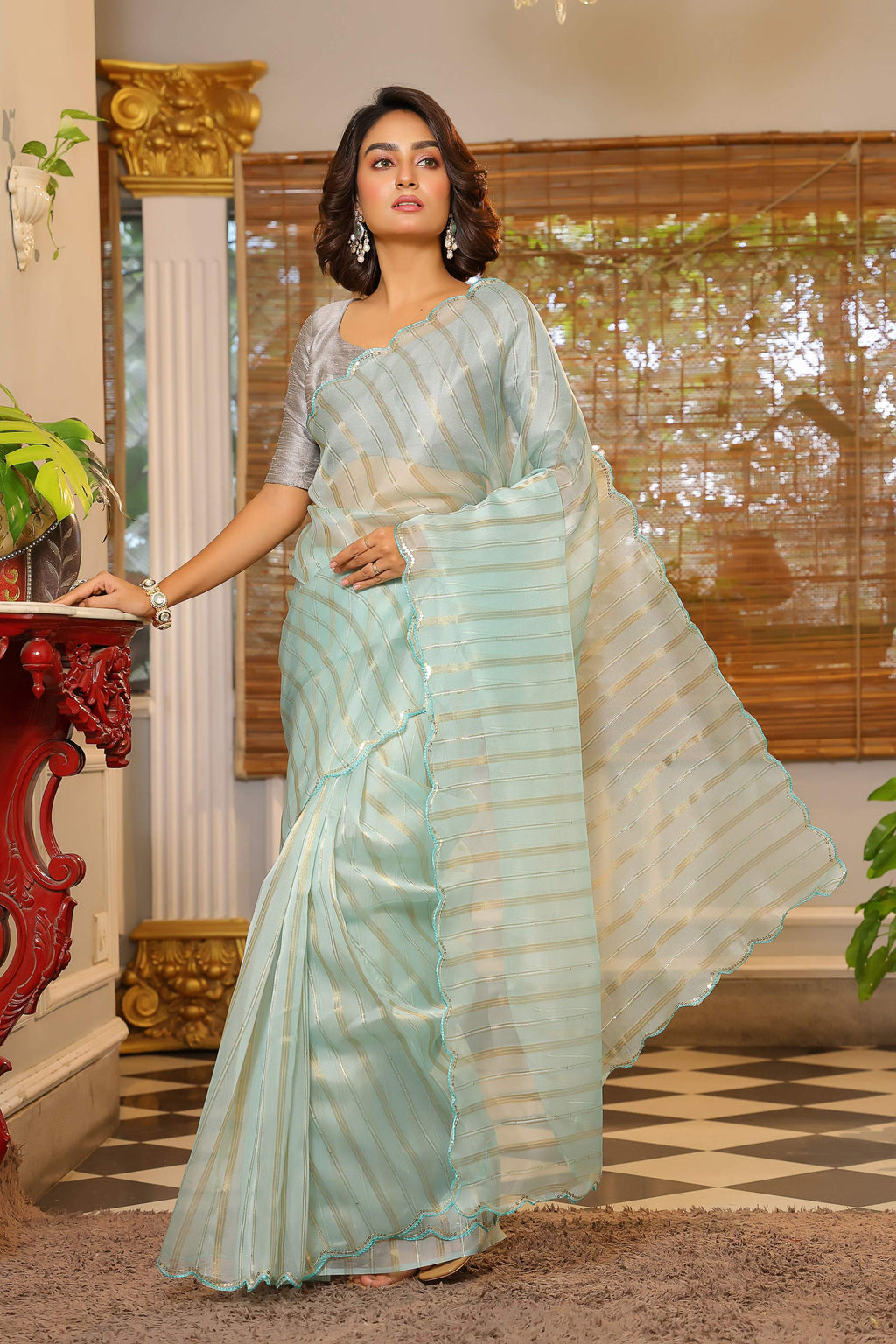 Vamsee Vijaytara Sky Organza Saree | Grocsy