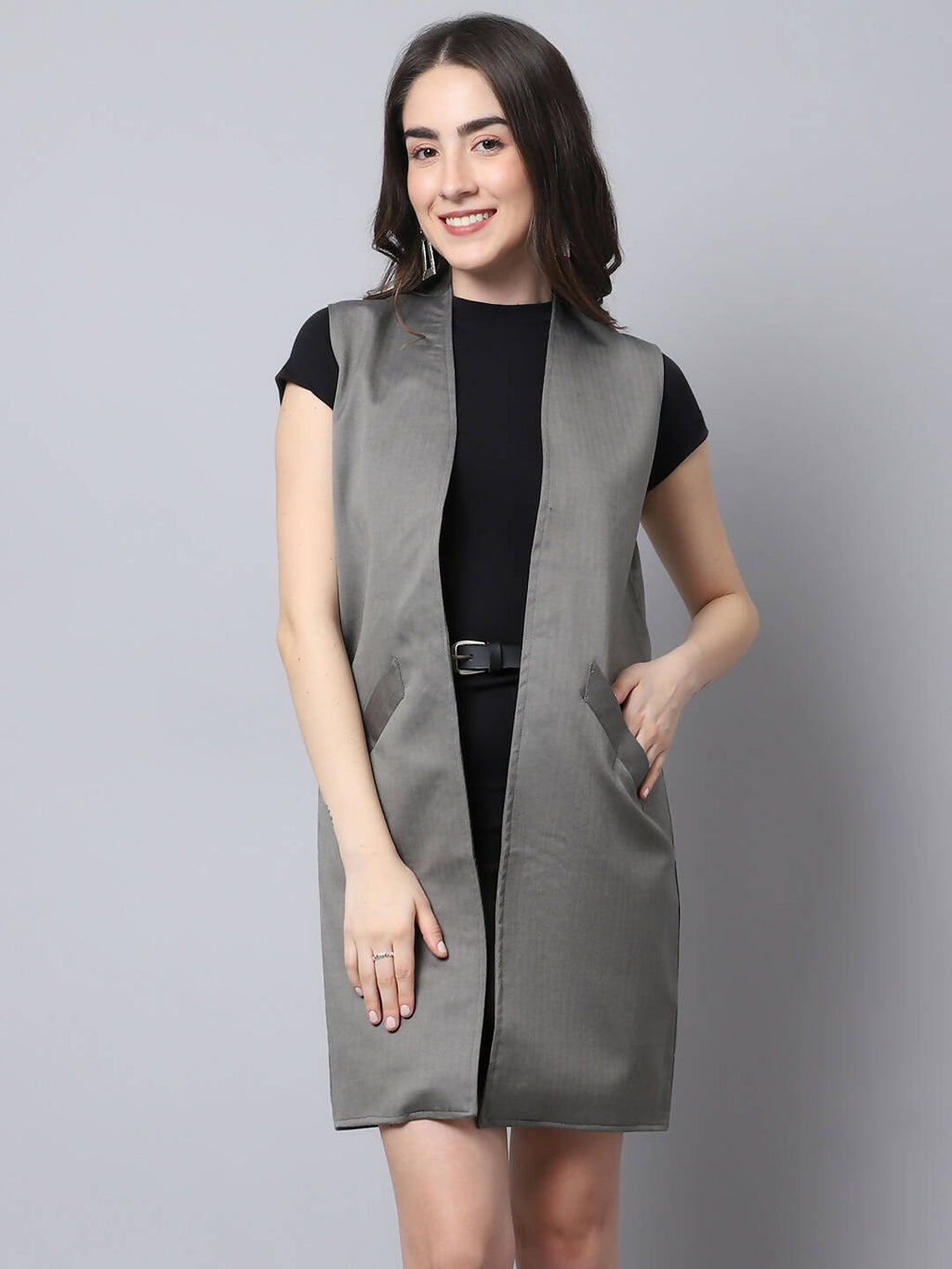 Even Apparels Grey Polywool Open Front Women's Long Coat BF496 | Grocsy