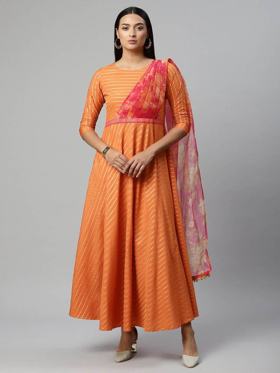 Ahalyaa Women's Orange Crepe Gold Print Dress | Grocsy