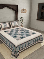 JAIPUR FABRIC Beige & Green Ethnic Motifs Cotton 210 TC Queen Bedsheet & 2 Pillow Covers | Grocsy