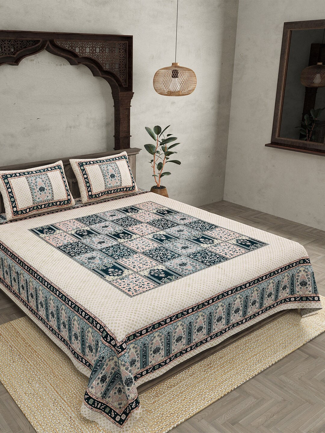 JAIPUR FABRIC Beige & Green Ethnic Motifs Cotton 210 TC Queen Bedsheet & 2 Pillow Covers | Grocsy