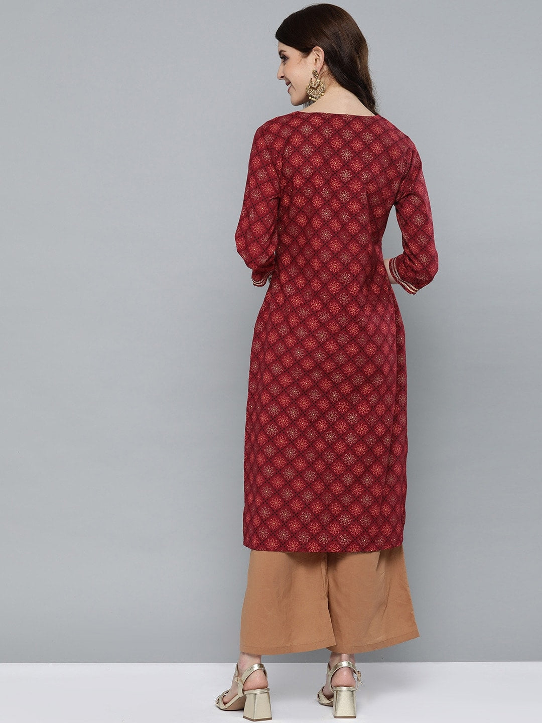HERE&NOW Women Maroon & Golden Floral Printed Straight Kurta | Grocsy