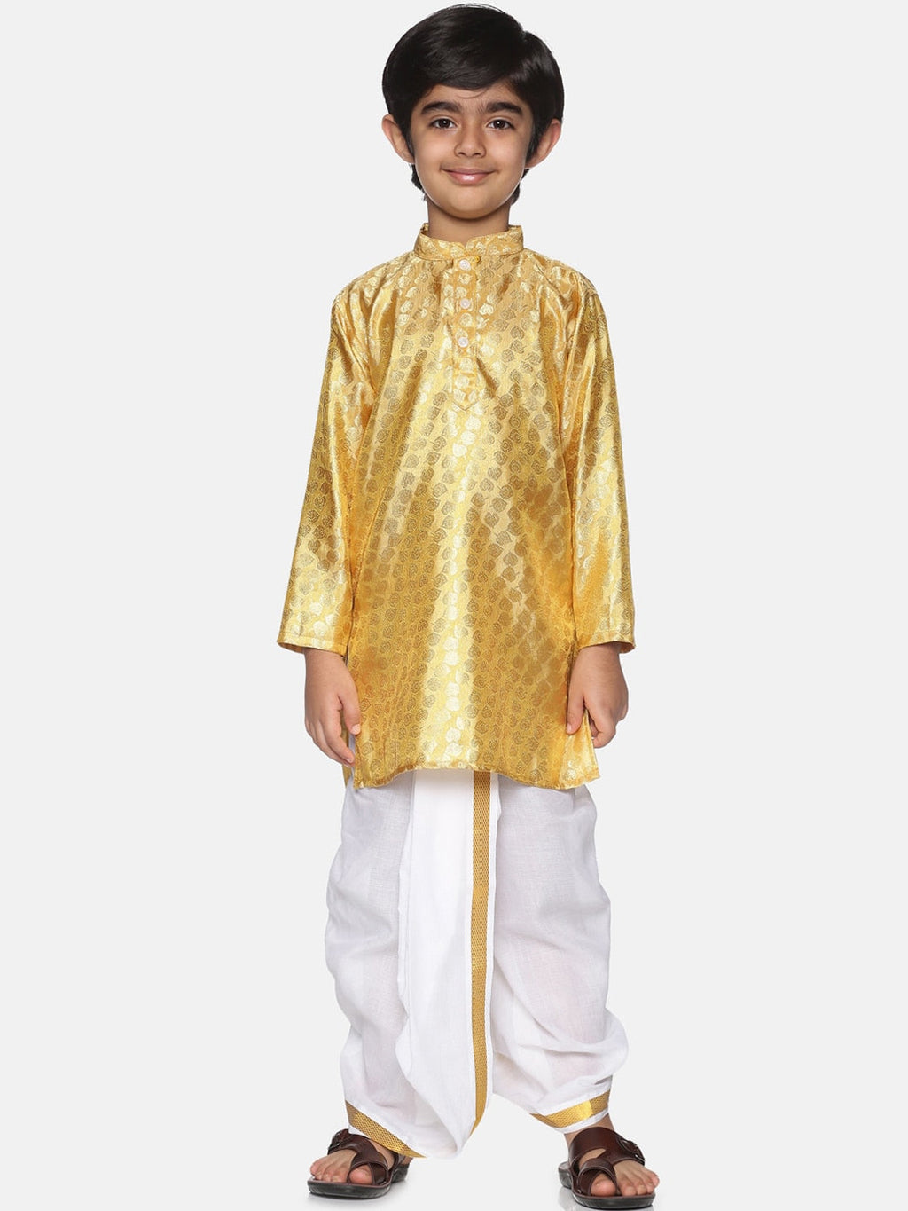 Sethukrishna Boys Gold-Toned Pleated Kurta with Dhoti Pants | Grocsy