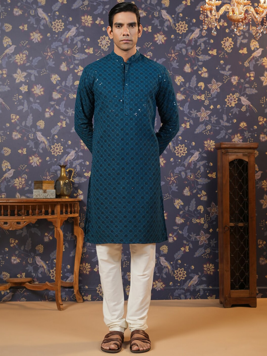 House of Pataudi Ethnic Motifs Embroidered Sequinned Straight Kurta With Churidar | Grocsy