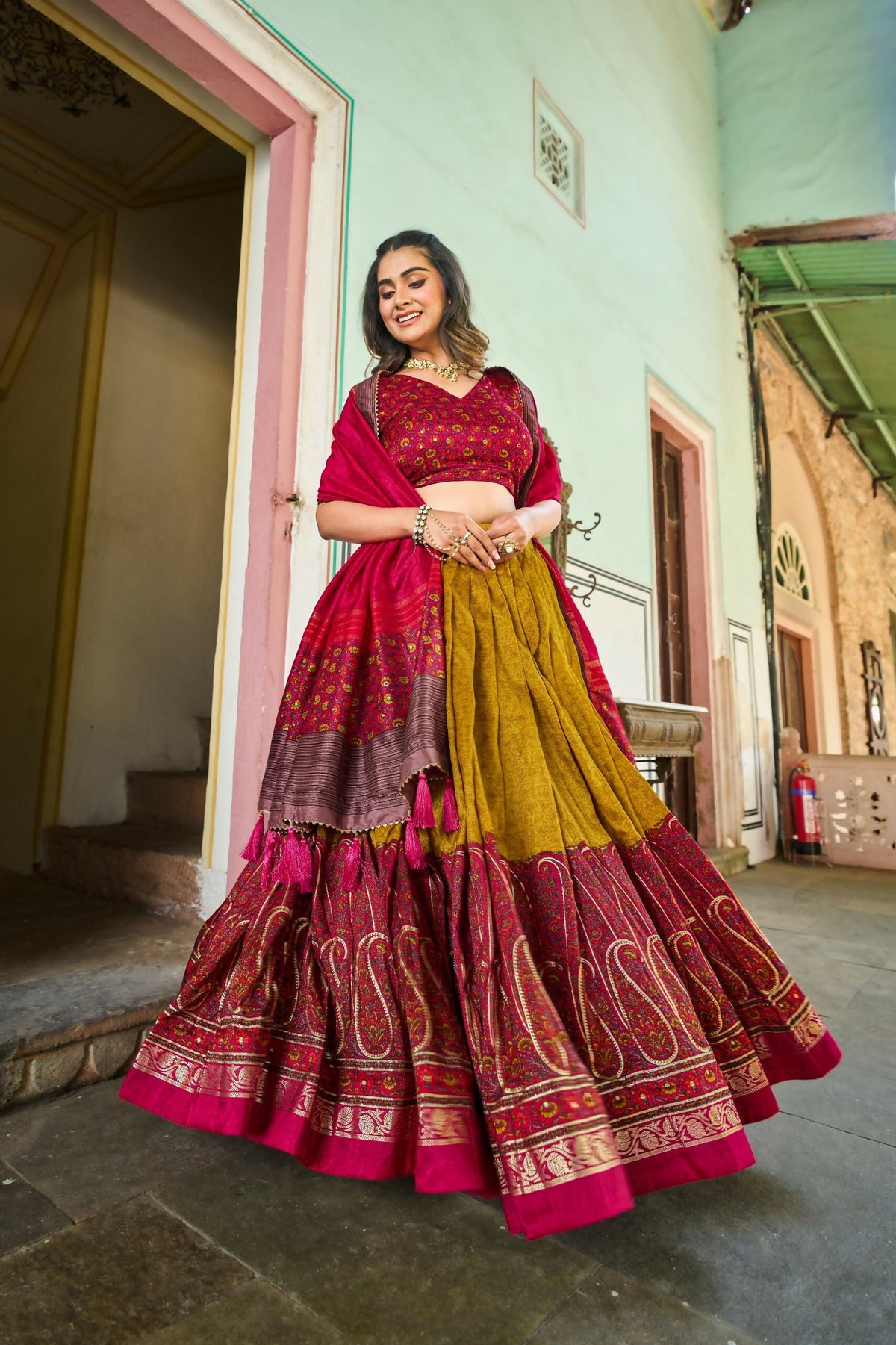 Vastranavya Kashmiri Print With Foil Print Lehenga With Unstitched Printed Blouse - Mustard | Grocsy