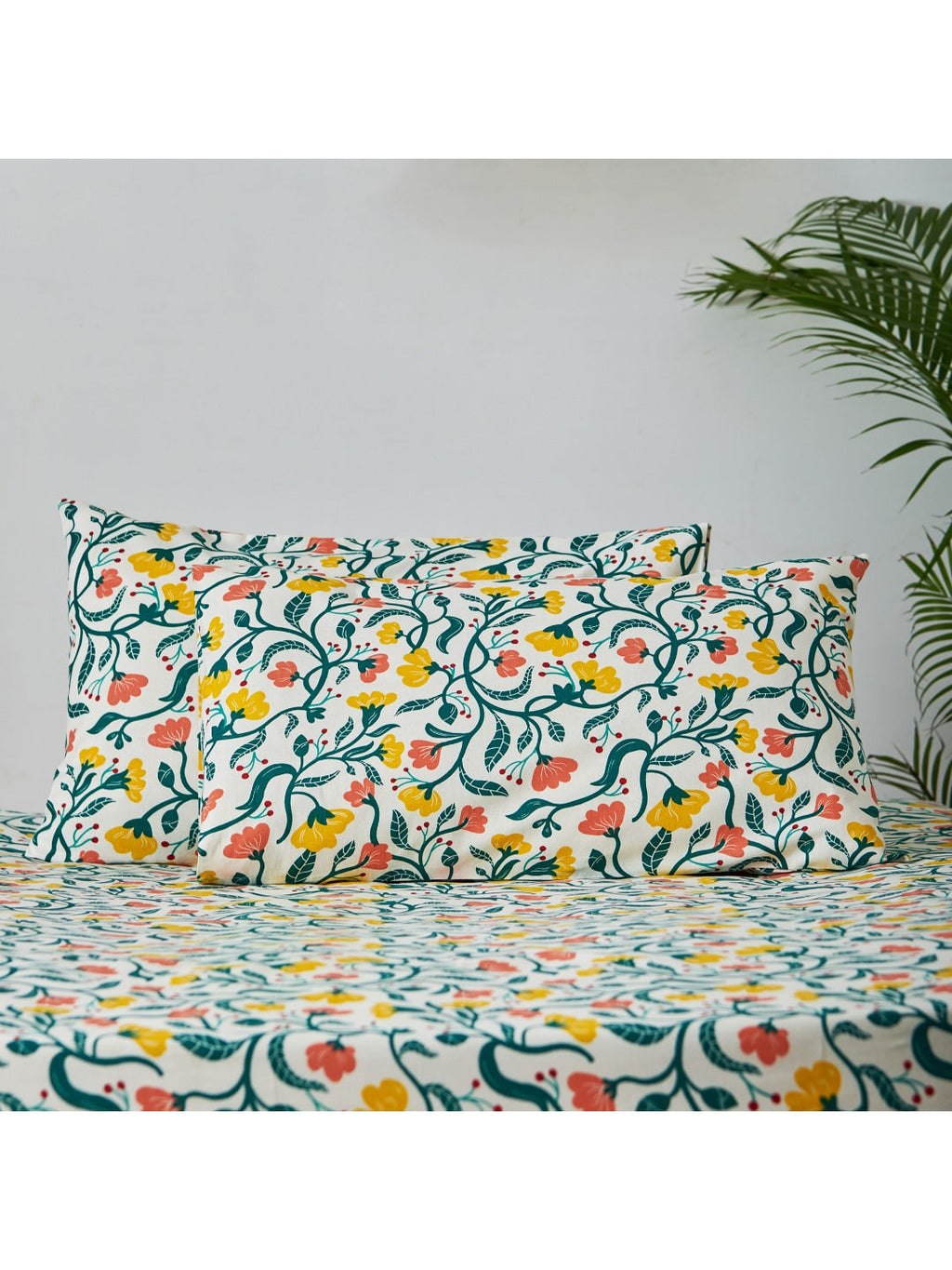 Chumbak White & Yellow Floral 136 TC Cotton 1 Queen Bedsheet with 2 Pillow Covers | Grocsy