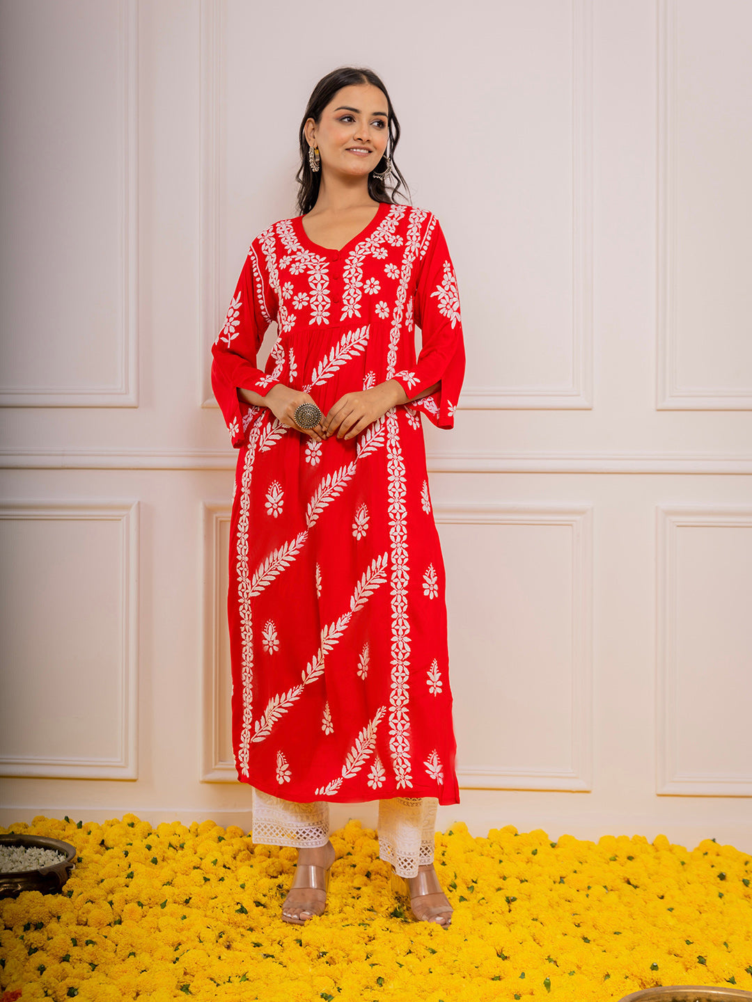 HOUSE OF KARI Cotton Floral Embroidered Chikankari Kurta | Grocsy