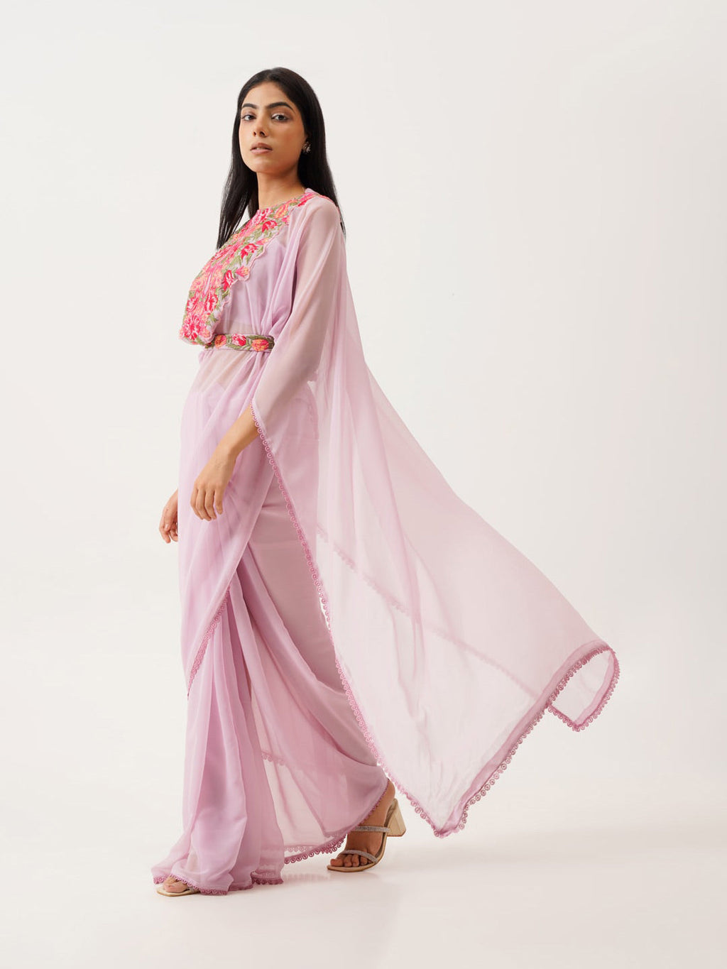 Tikhi Imli Lavender & Pink Floral Embroidered Belted Saree | Grocsy