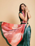 Sangria Peach-Coloured & Blue Satin Ready to Wear Saree | Grocsy