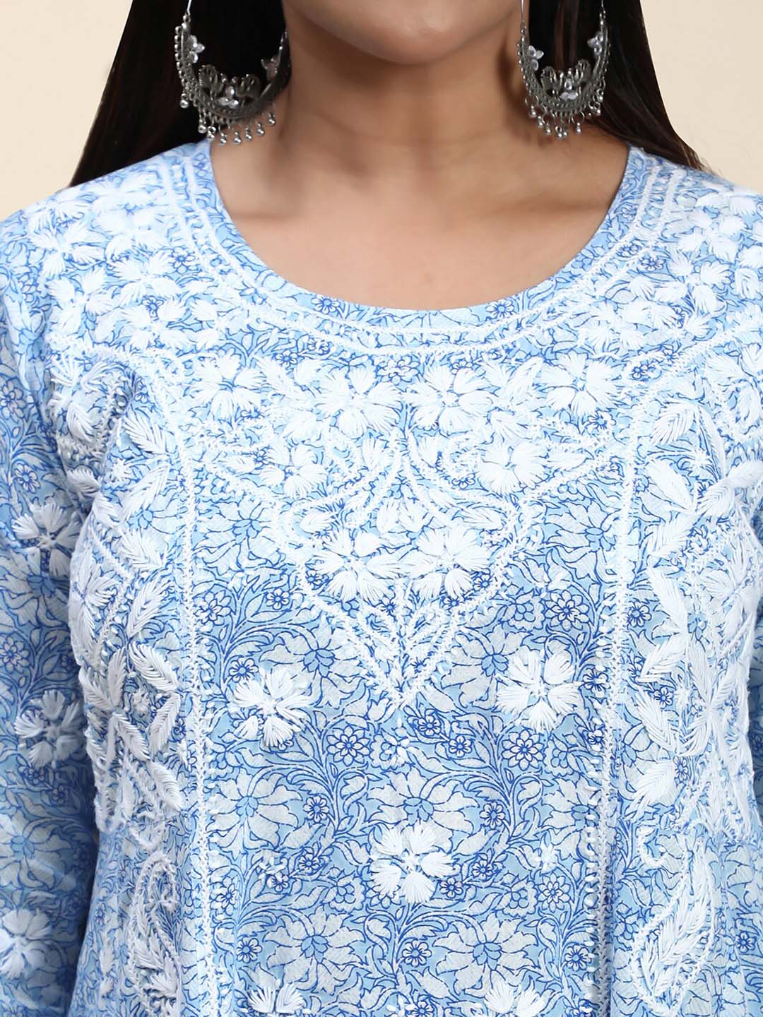 HOUSE OF KARI Floral Embroidered Chikankari Cotton Anarkali Kurta | Grocsy