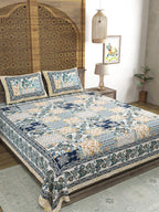 Sangria Blue & Brown Printed Cotton 210TC Double King Bedsheet With 2 Pillow Covers | Grocsy
