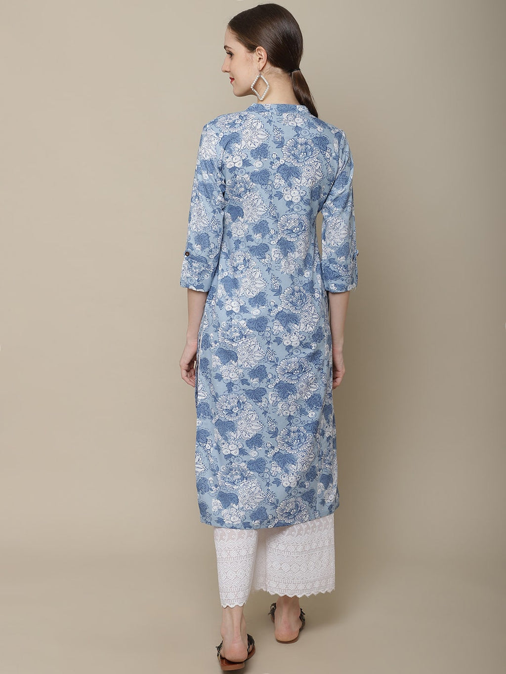 Sangria Women Blue & White Cotton Floral Printed Kurta | Grocsy