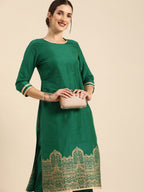 All About You Women Green & Gold Printed Regular Kurta with Trousers | Grocsy