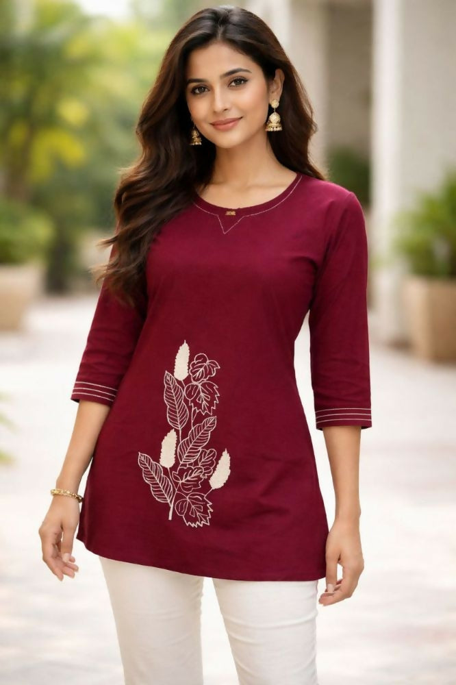 Teeya Creation Womens New Latest Cotton Wine Floral Embroidered Short Kurti | Grocsy