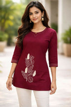 Teeya Creation Womens New Latest Cotton Wine Floral Embroidered Short Kurti | Grocsy