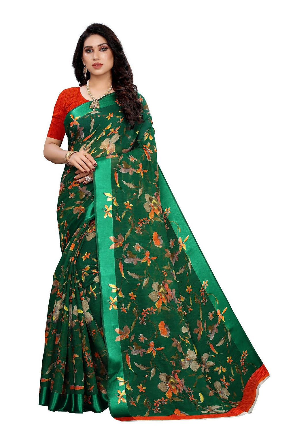 Vamika Green Linen Satin Patta Saree (MANSI GREEN) | Grocsy