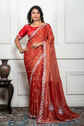 Morchari Rust Red Pure Chiffon Hand Embroidery Saree And Stitched Blouse | Grocsy