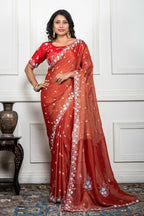 Morchari Rust Red Pure Chiffon Hand Embroidery Saree And Stitched Blouse | Grocsy