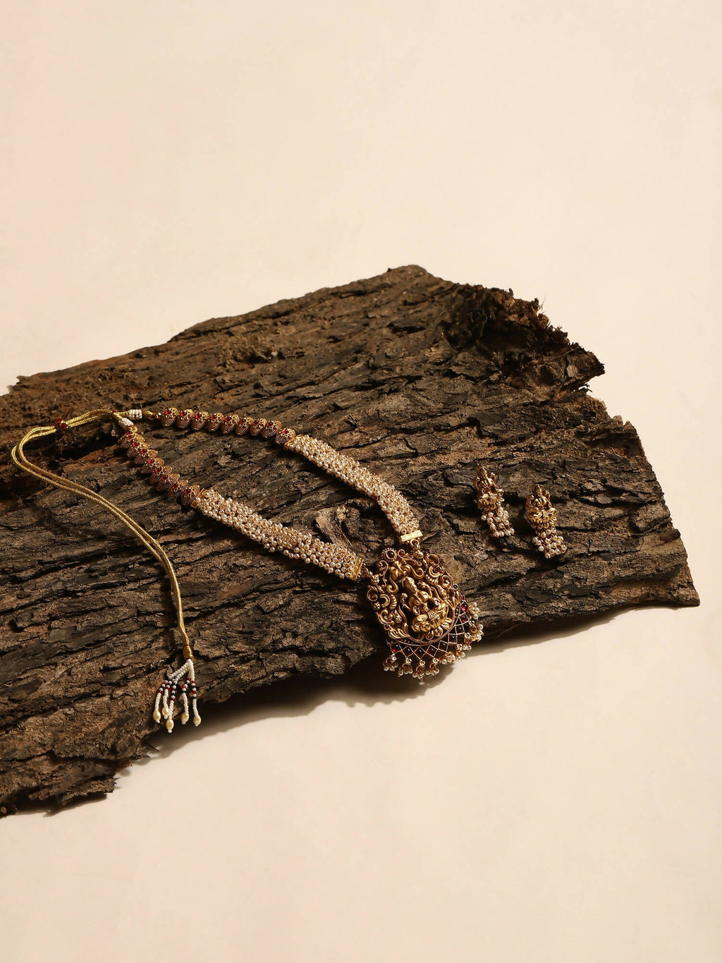 Gold-Polished Pink White Stones-Studded Beaded Jewellery Set - Ruby Raang | Grocsy