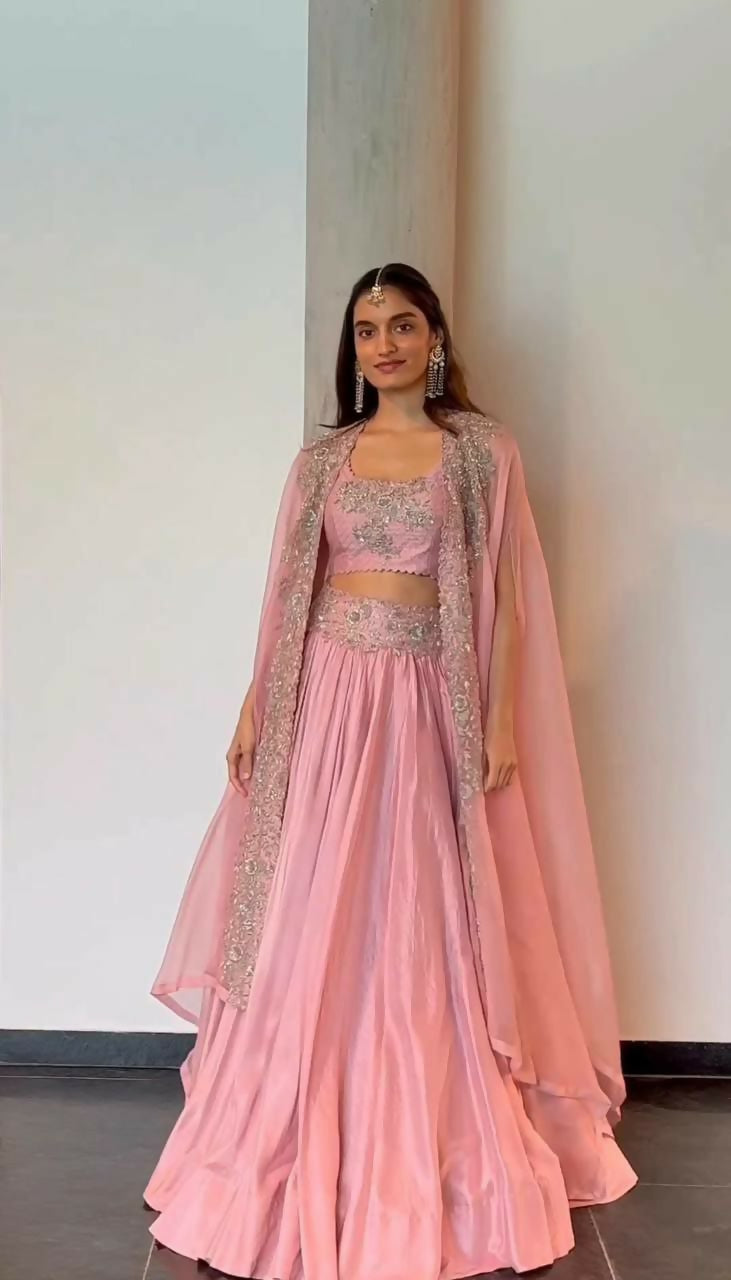 Jyoti Fashion Women's Pink Chinon Sequins with Thread Embroidered Designer Lehenga Choli with Shrug Set | Grocsy