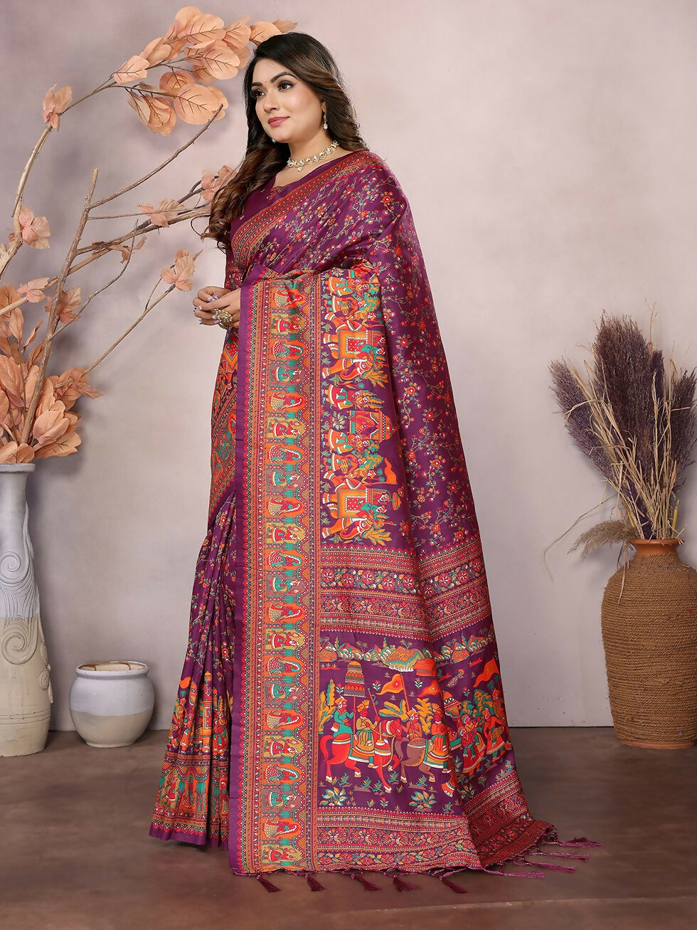 Joban Fashion Wine Meena Weaves Pashmina Sarees | Grocsy