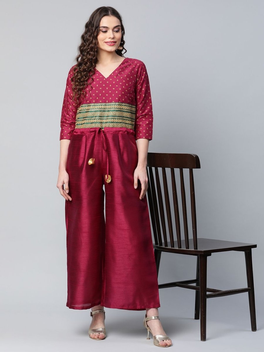 Ahalyaa Womens Burgundy crepe Printed Jumpsuit | Grocsy